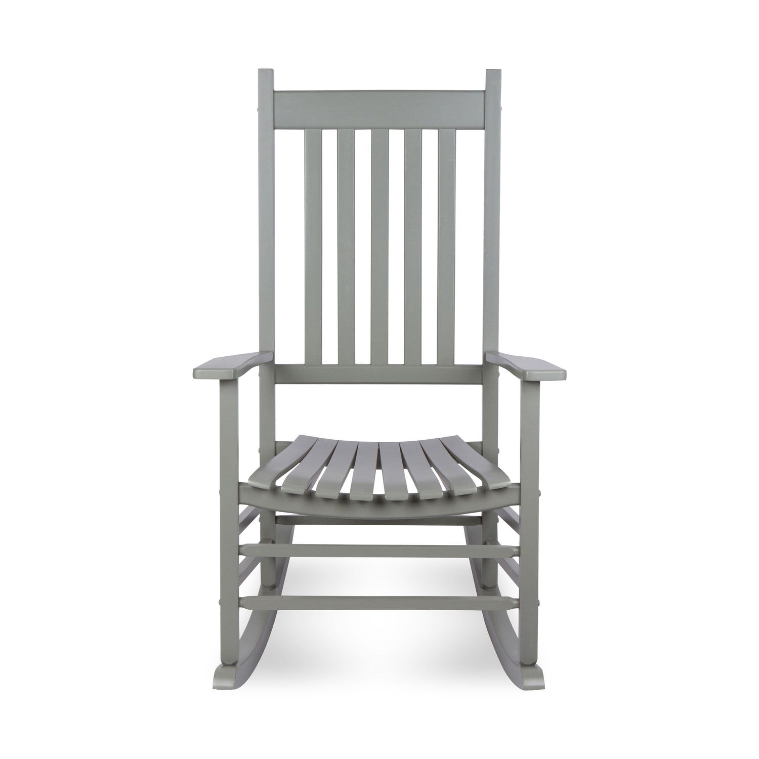 A gray slatted rocking chair with a tall slatted backrest and wide armrests, shown from the front on a plain white background. 