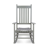 A gray slatted rocking chair with a tall slatted backrest and wide armrests, shown from the front on a plain white background. 