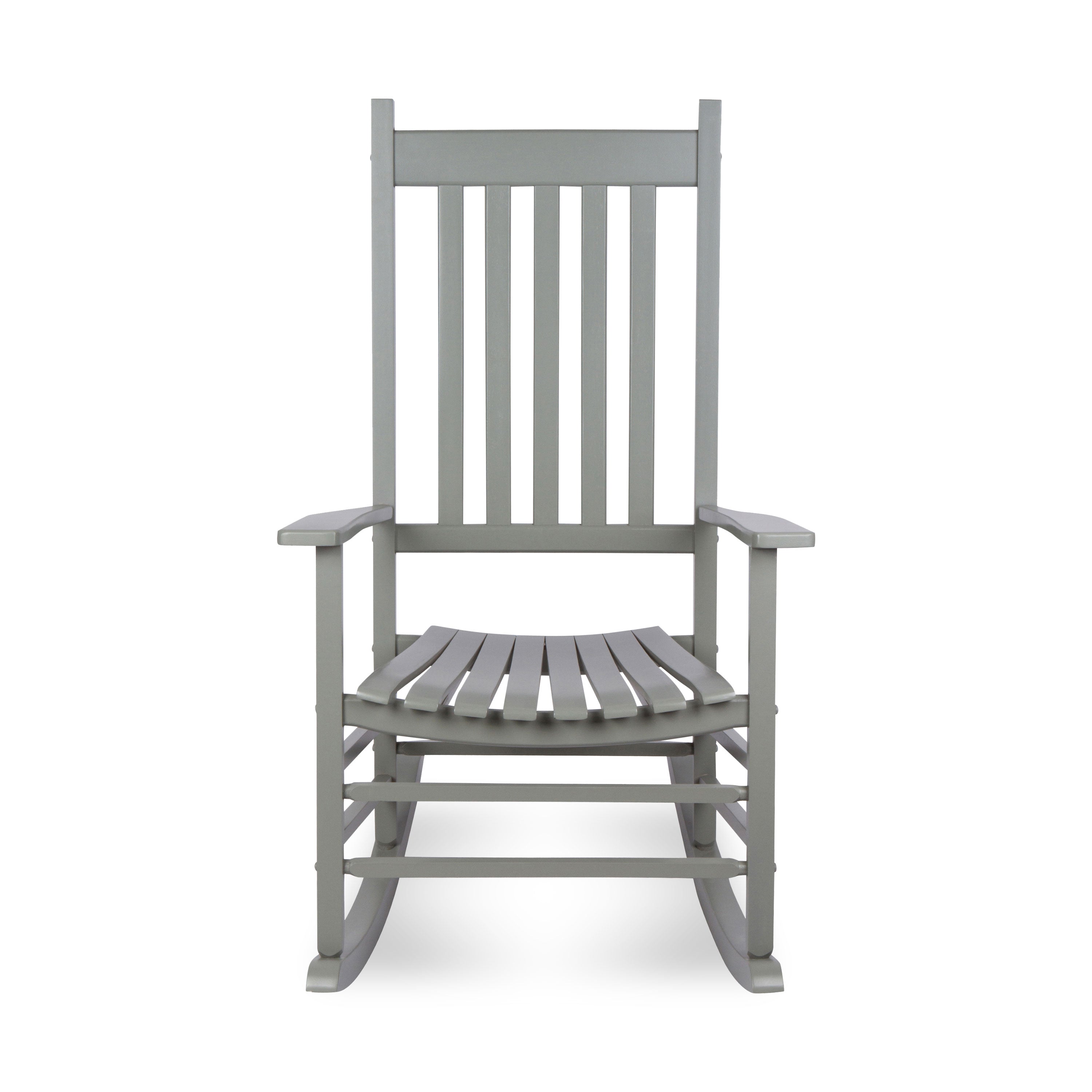 A gray slatted rocking chair with a tall slatted backrest and wide armrests, shown from the front on a plain white background. 