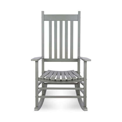 A gray slatted rocking chair with a tall slatted backrest and wide armrests, shown from the front on a plain white background. 