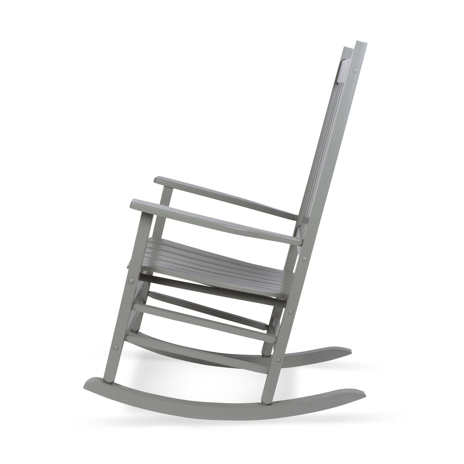A gray wooden rocking chair shown from a side angle against a plain white background. 