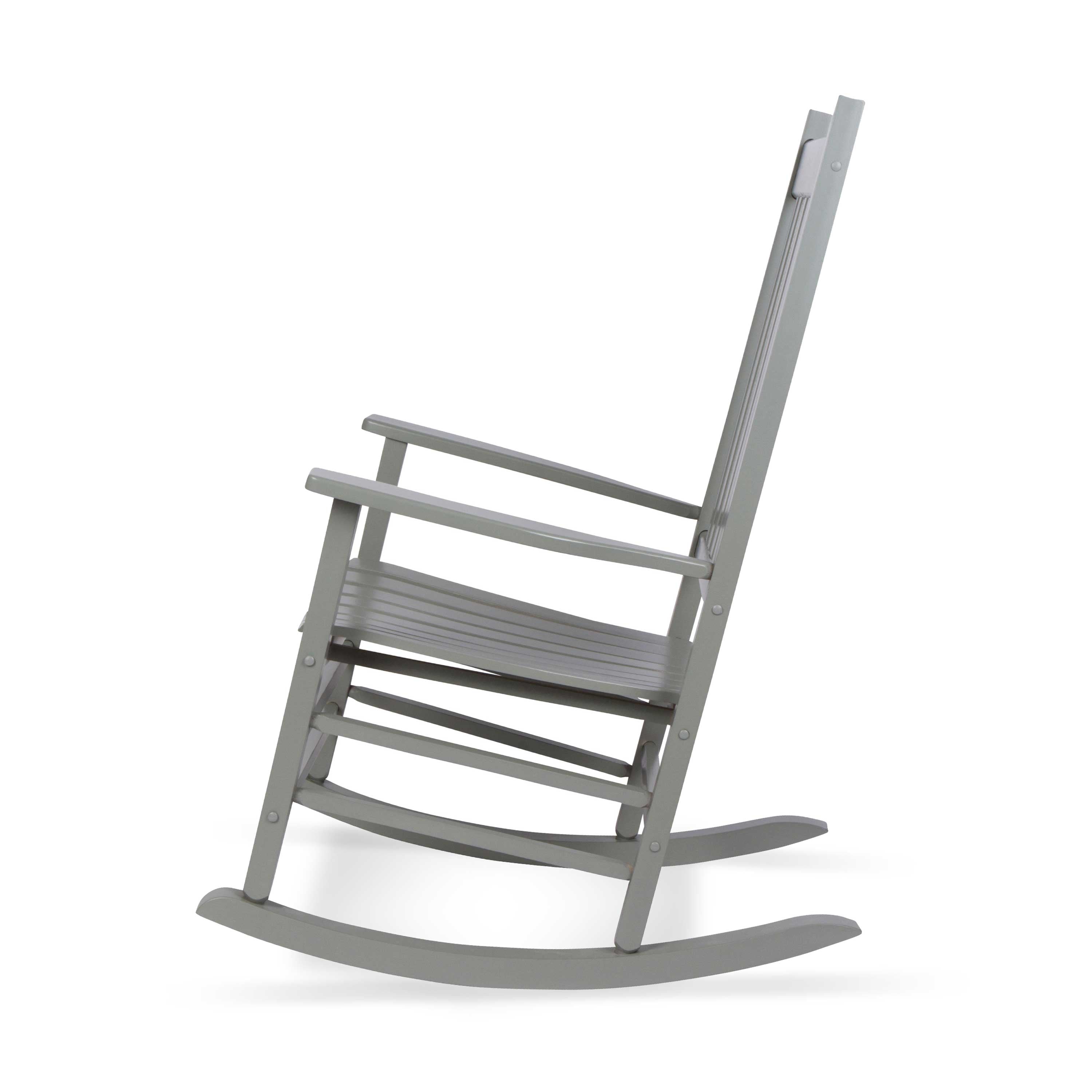 A gray wooden rocking chair shown from a side angle against a plain white background. 