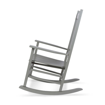 A gray wooden rocking chair shown from a side angle against a plain white background. 