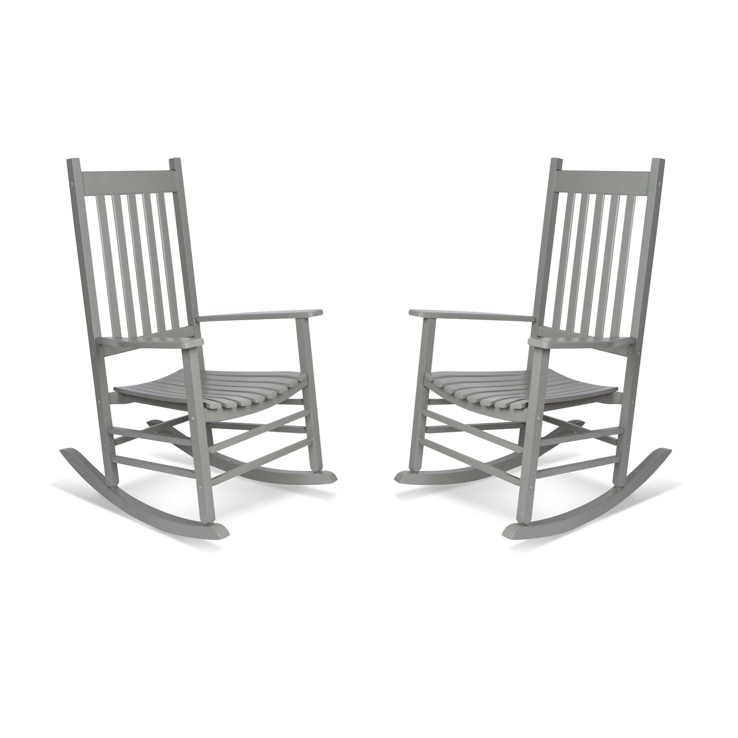 Two gray wooden rocking chairs shown side by side on a plain white background. 