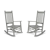 Two gray wooden rocking chairs shown side by side on a plain white background. 