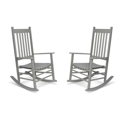 Two gray wooden rocking chairs shown side by side on a plain white background. 