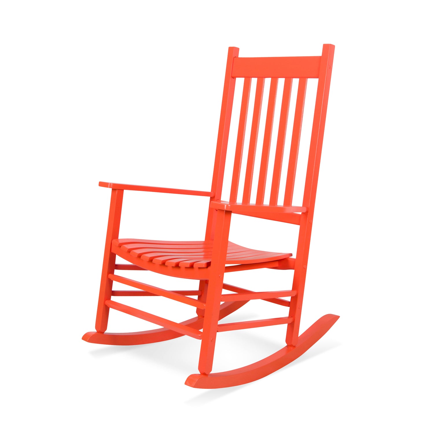 A bright red-orange wooden rocking chair with a slatted back and seat, shown from a three-quarter angle on a white background. 