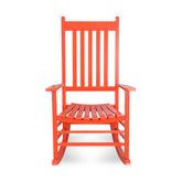 A bright red-orange wooden rocking chair with a high slatted backrest and curved rockers, shown against a plain white background. 