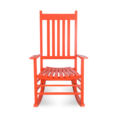 A bright red-orange wooden rocking chair with a high slatted backrest and curved rockers, shown against a plain white background. 