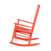 A bright orange wooden rocking chair shown from a side angle against a plain white background. 