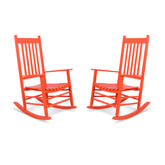 Two bright orange red outdoor rocking chairs shown side by side on a clean white background. 