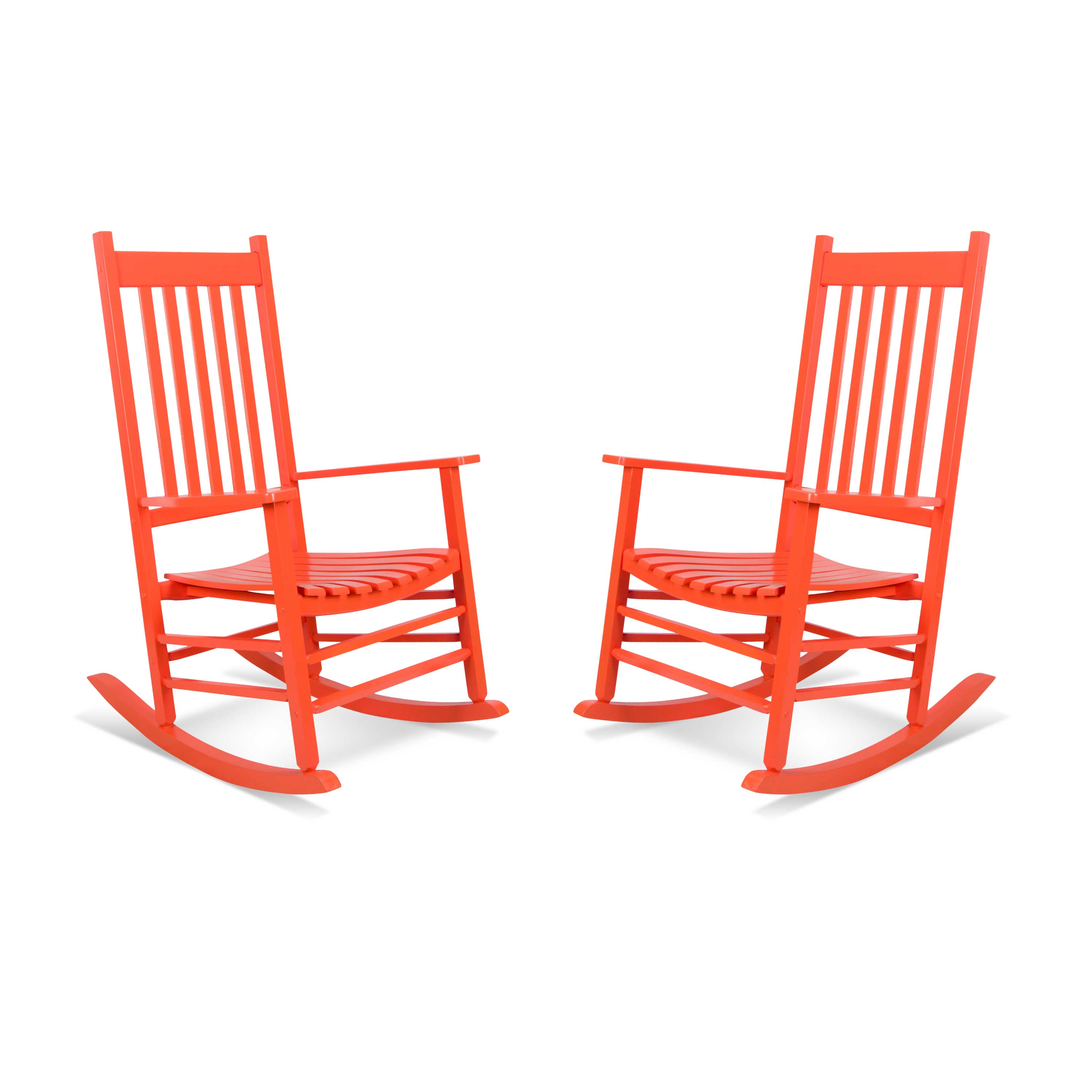 Two bright orange red outdoor rocking chairs shown side by side on a clean white background. 