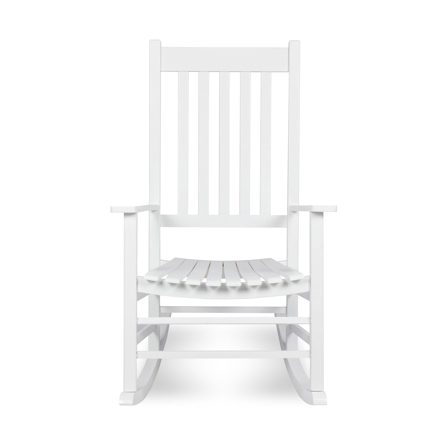A white wooden rocking chair with a slatted back and seat, shown from the front on a clean white background.  