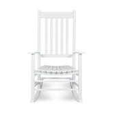 A white wooden rocking chair with a slatted back and seat, shown from the front on a clean white background.  