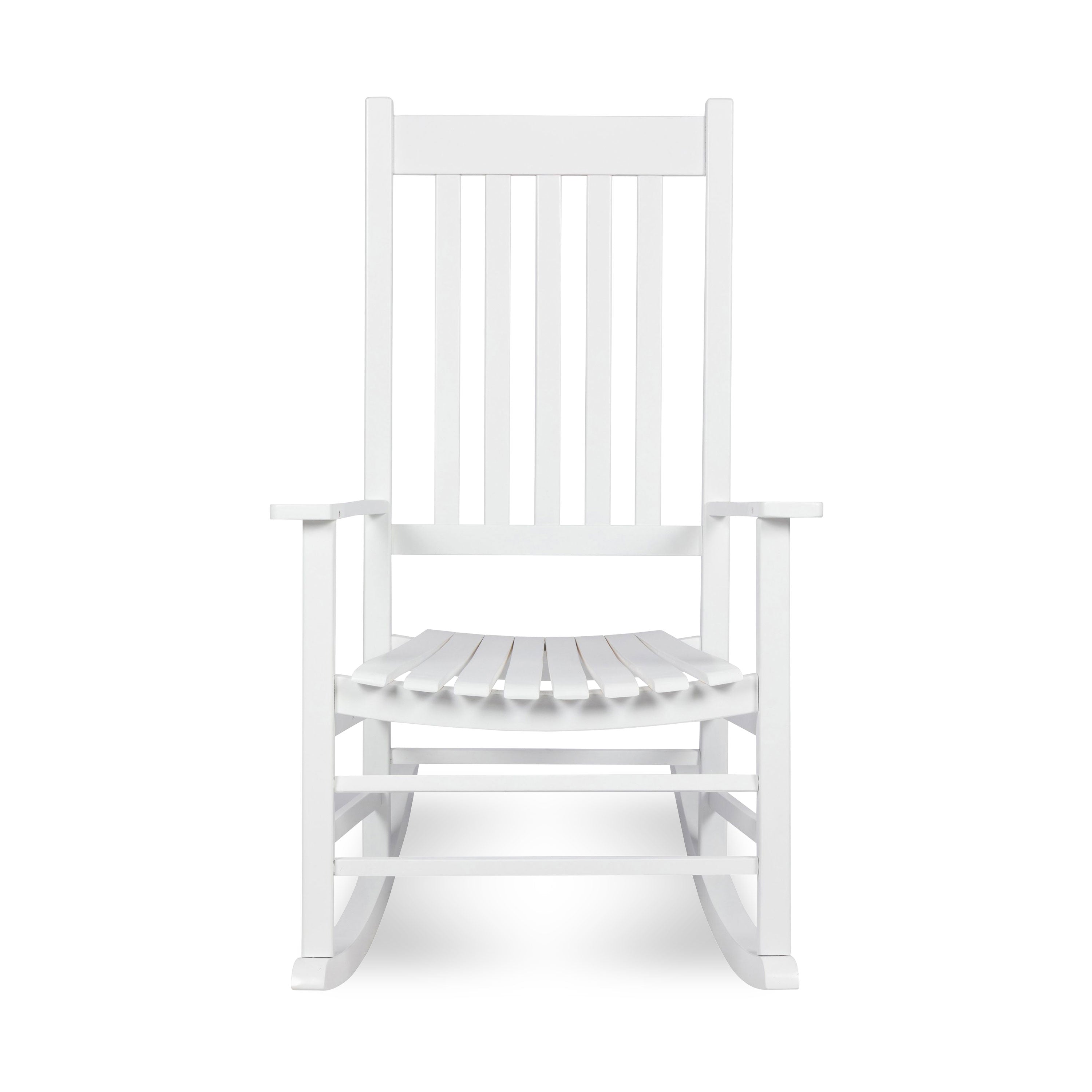 A white wooden rocking chair with a slatted back and seat, shown from the front on a clean white background.  