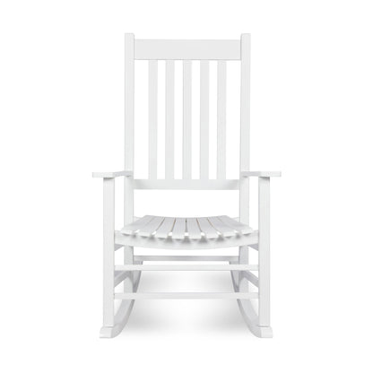 A white wooden rocking chair with a slatted back and seat, shown from the front on a clean white background.  