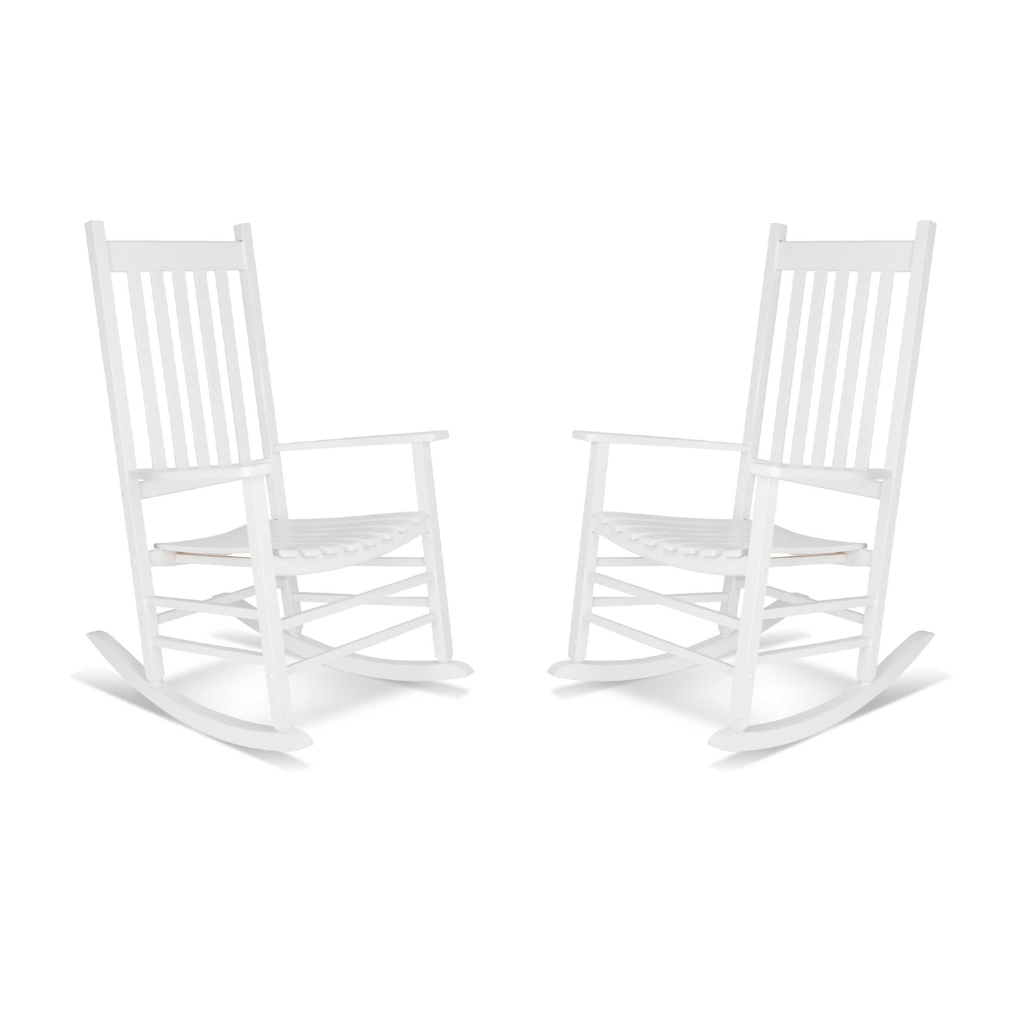 Two white wooden rocking chairs shown side by side on a plain white background. 