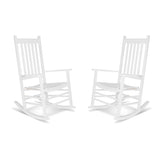 Two white wooden rocking chairs shown side by side on a plain white background. 