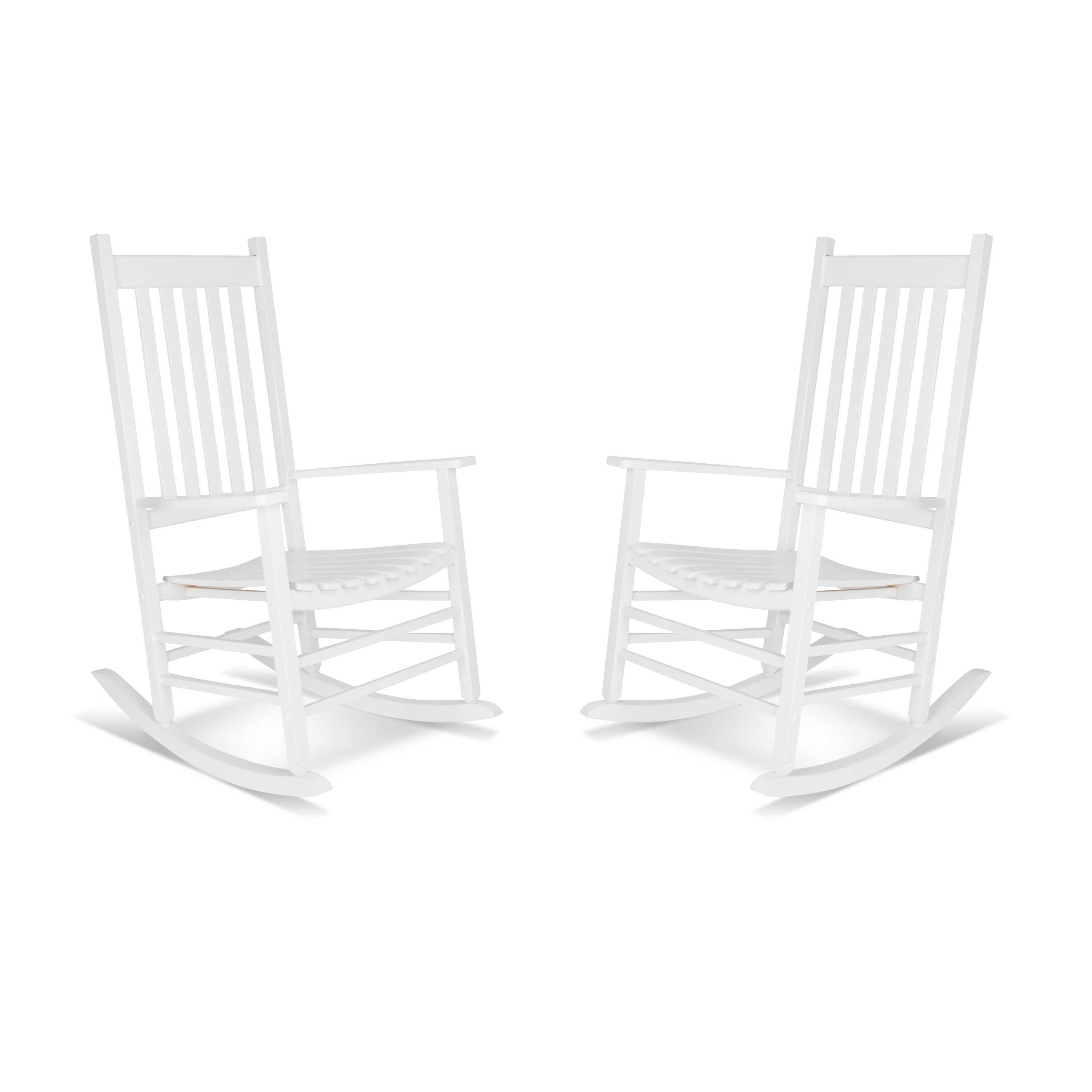 Two white wooden rocking chairs shown side by side on a plain white background. 