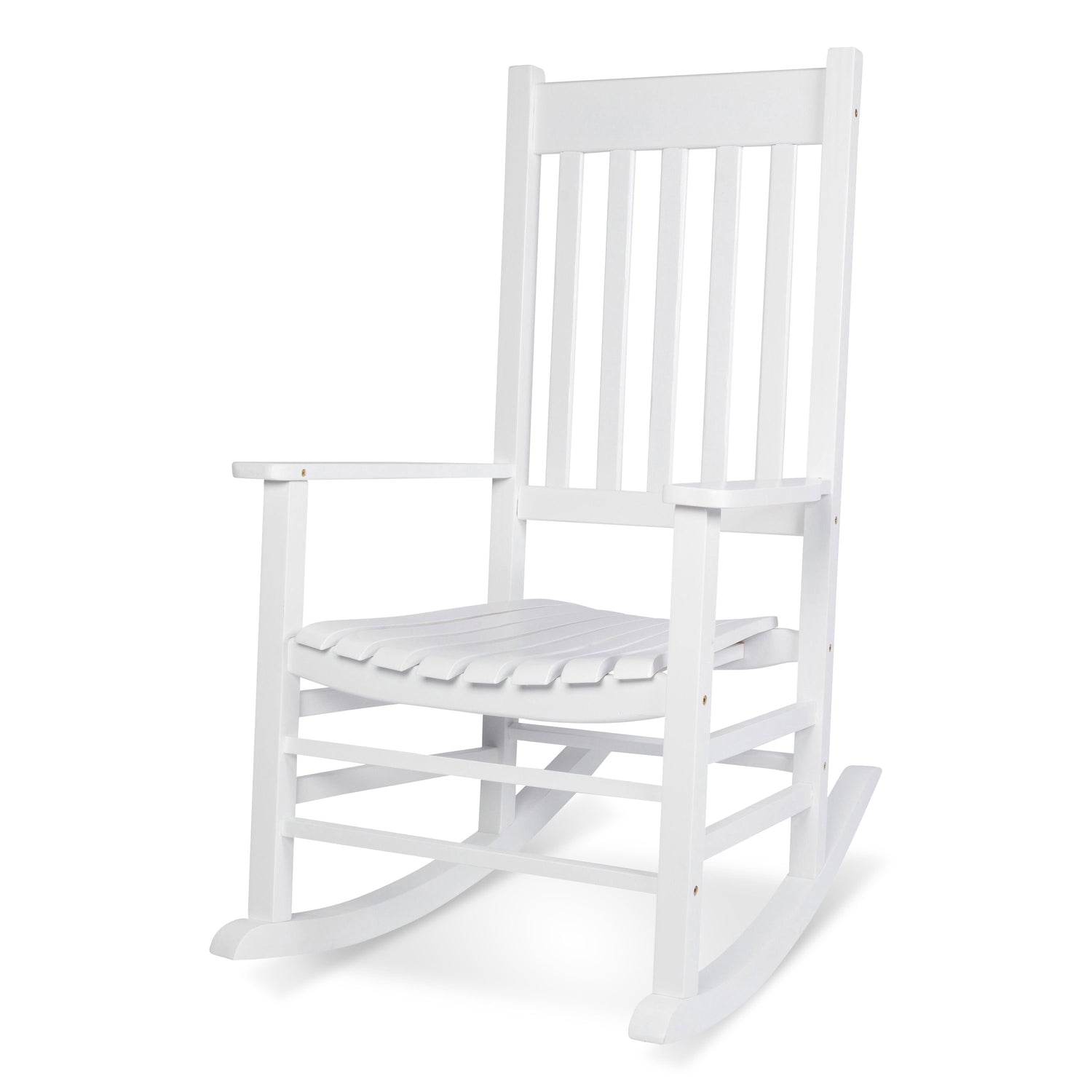 A white wooden rocking chair with a slatted backrest and seat, shown from a three-quarter angle on a plain white background. 