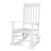 A white wooden rocking chair with a slatted backrest and seat, shown from a three-quarter angle on a plain white background. 