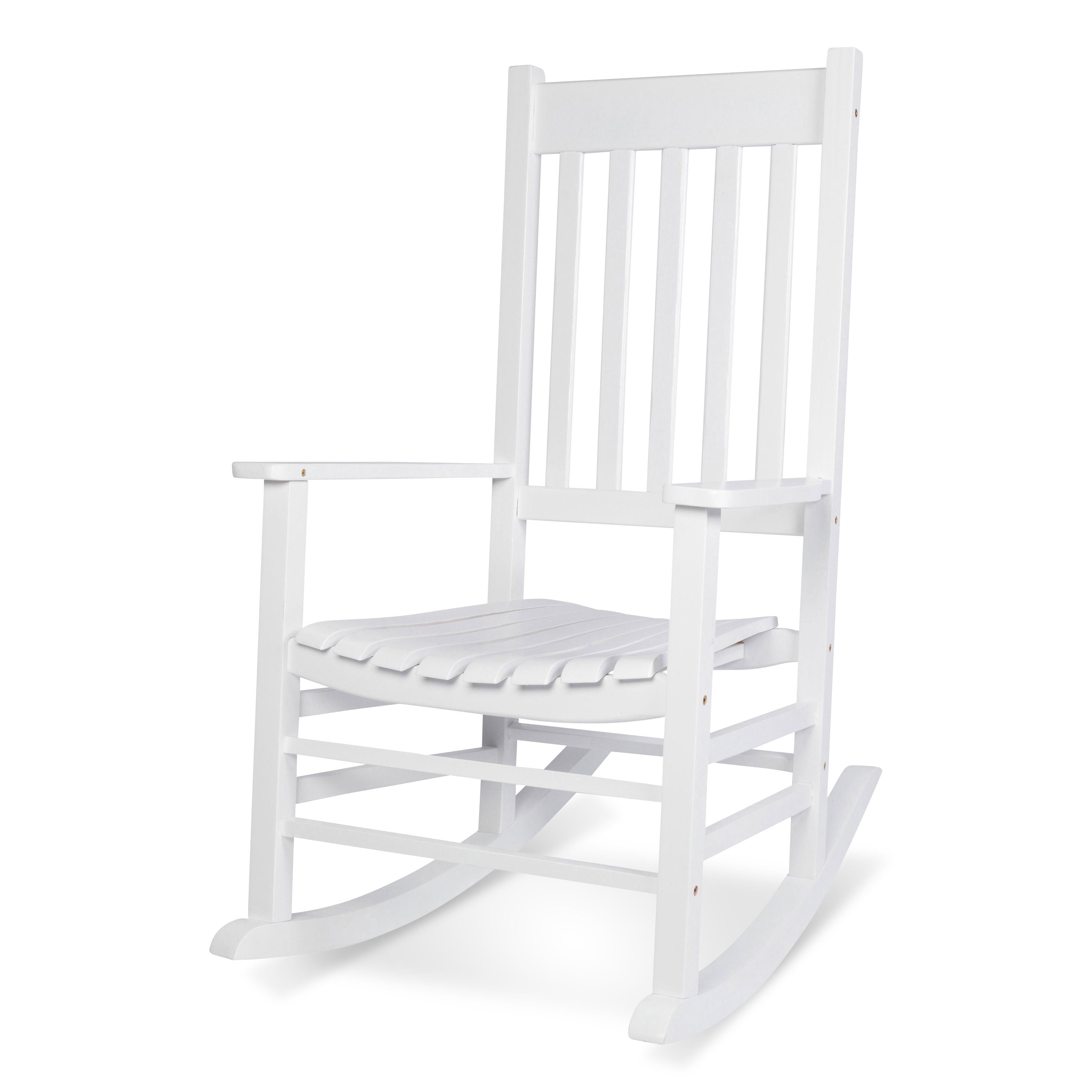 A white wooden rocking chair with a slatted backrest and seat, shown from a three-quarter angle on a plain white background. 