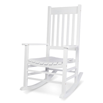A white wooden rocking chair with a slatted backrest and seat, shown from a three-quarter angle on a plain white background. 