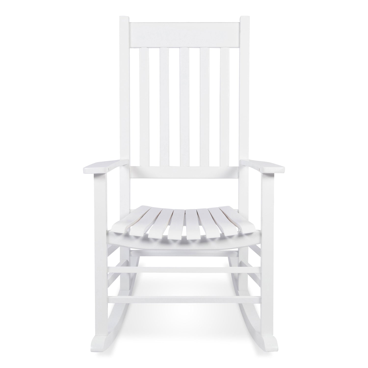A white wooden rocking chair with a slatted back and seat, shown from the front against a plain white background. 