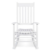 A white wooden rocking chair with a slatted back and seat, shown from the front against a plain white background. 