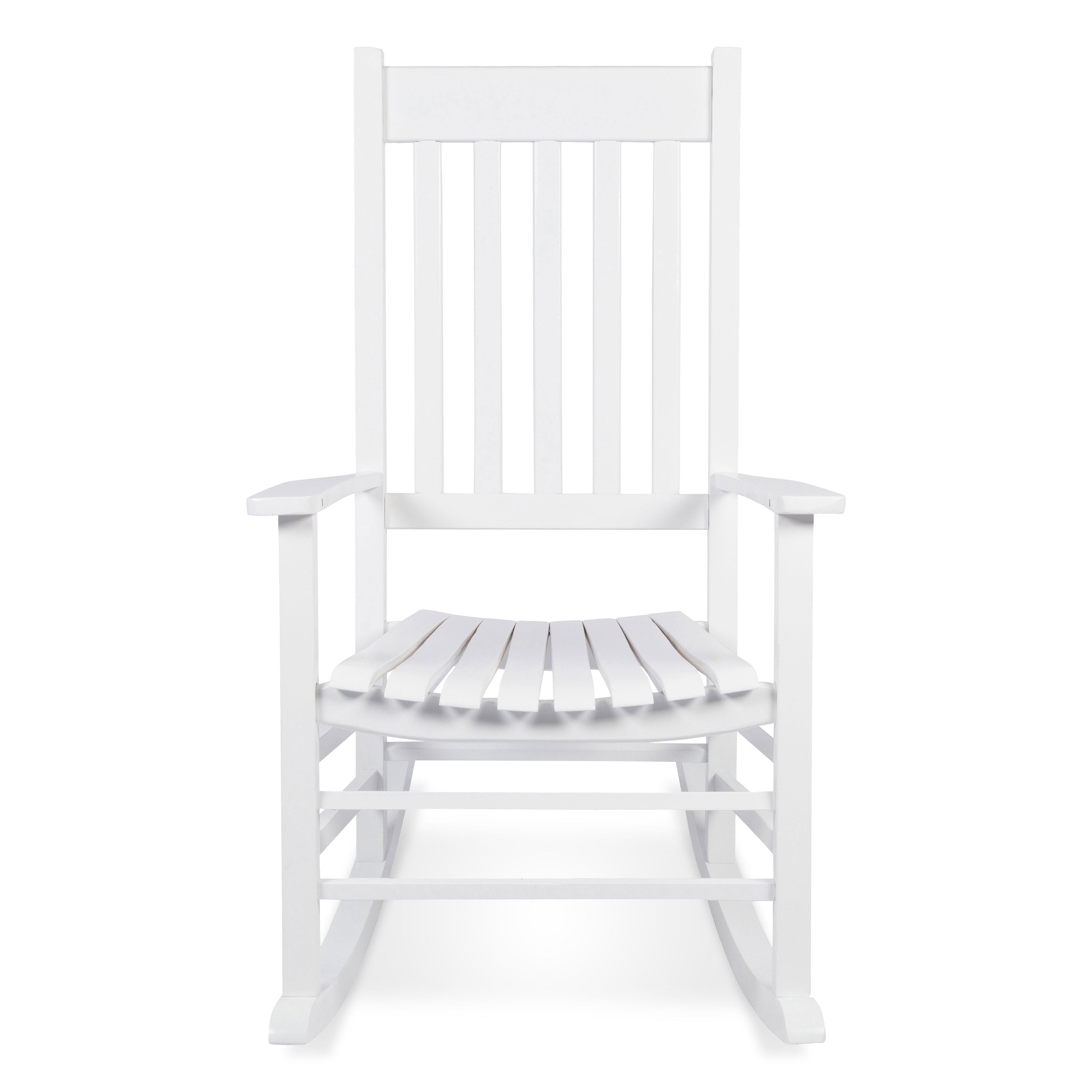 A white wooden rocking chair with a slatted back and seat, shown from the front against a plain white background. 