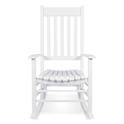 A white wooden rocking chair with a slatted back and seat, shown from the front against a plain white background. 