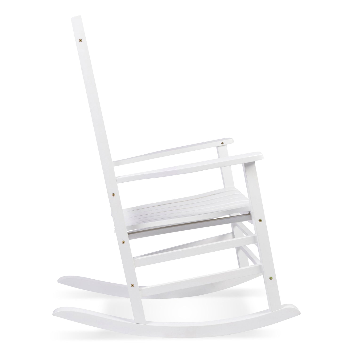 A white wooden rocking chair shown from a side angle against a plain white background. 