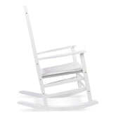 A white wooden rocking chair shown from a side angle against a plain white background. 