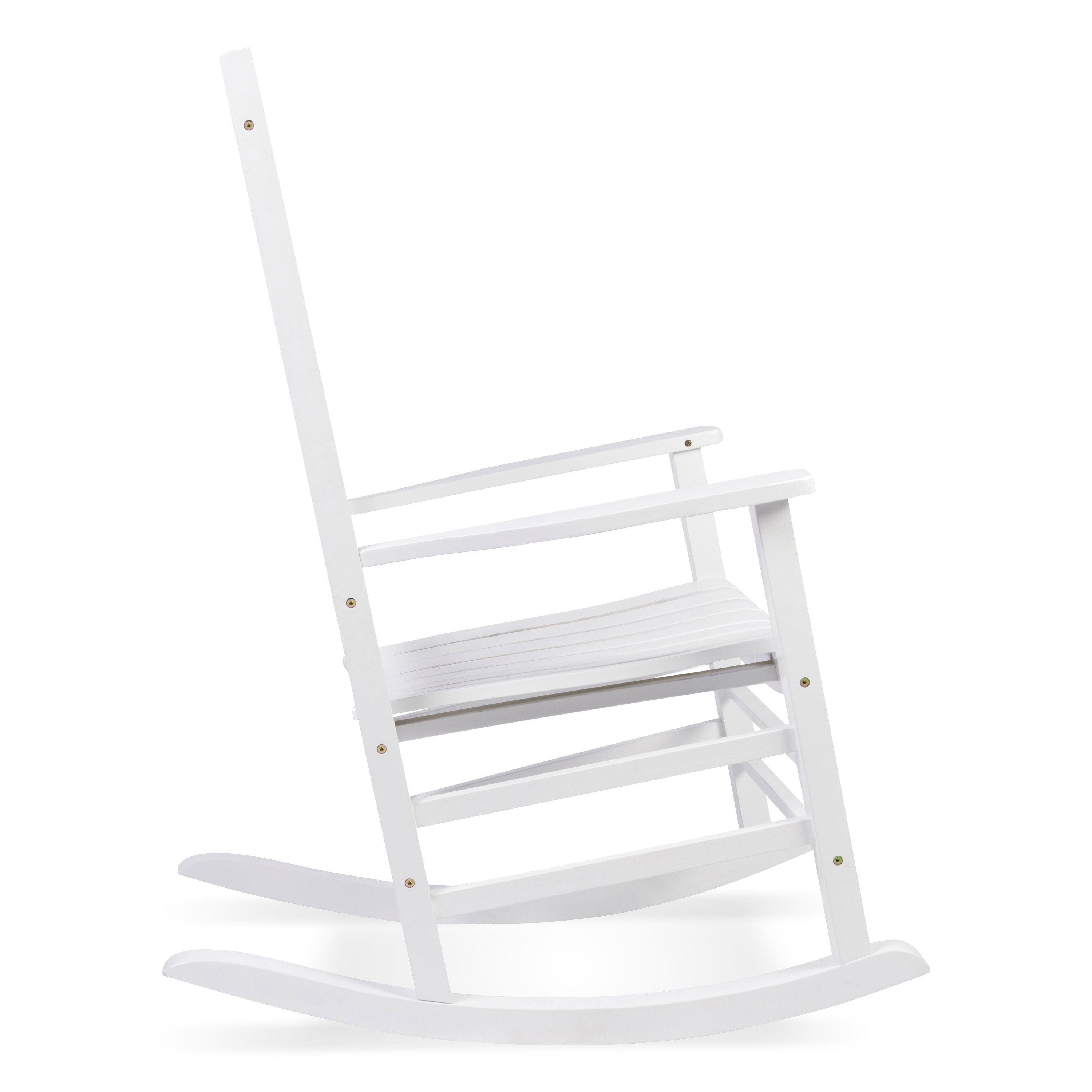 A white wooden rocking chair shown from a side angle against a plain white background. 