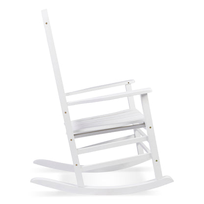 A white wooden rocking chair shown from a side angle against a plain white background. 