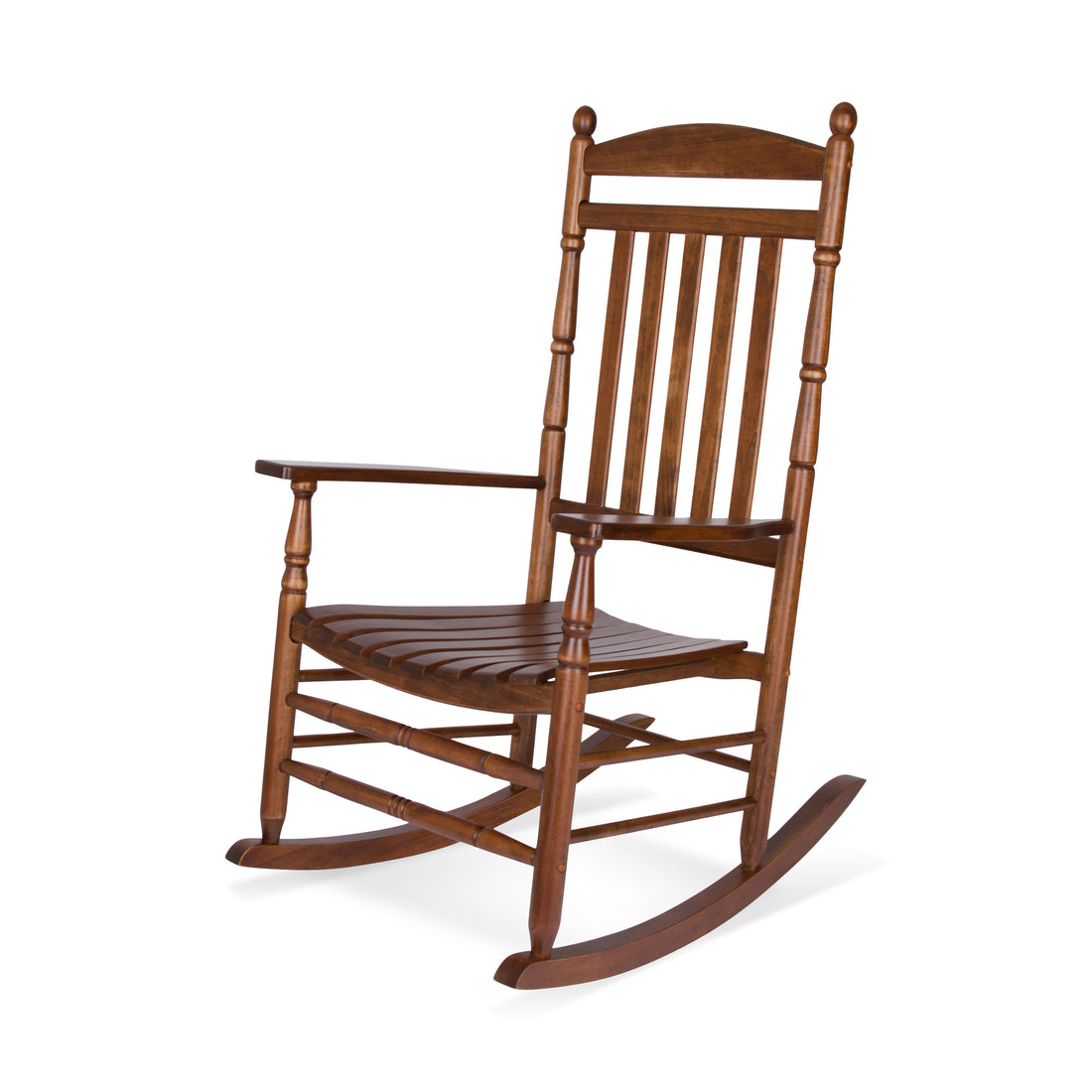 A classic wooden rocking chair with a warm medium-brown finish, featuring a slatted backrest, armrests, and curved rockers, shown against a plain white background. 