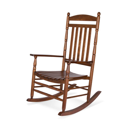 A classic wooden rocking chair with a warm medium-brown finish, featuring a slatted backrest, armrests, and curved rockers, shown against a plain white background. 