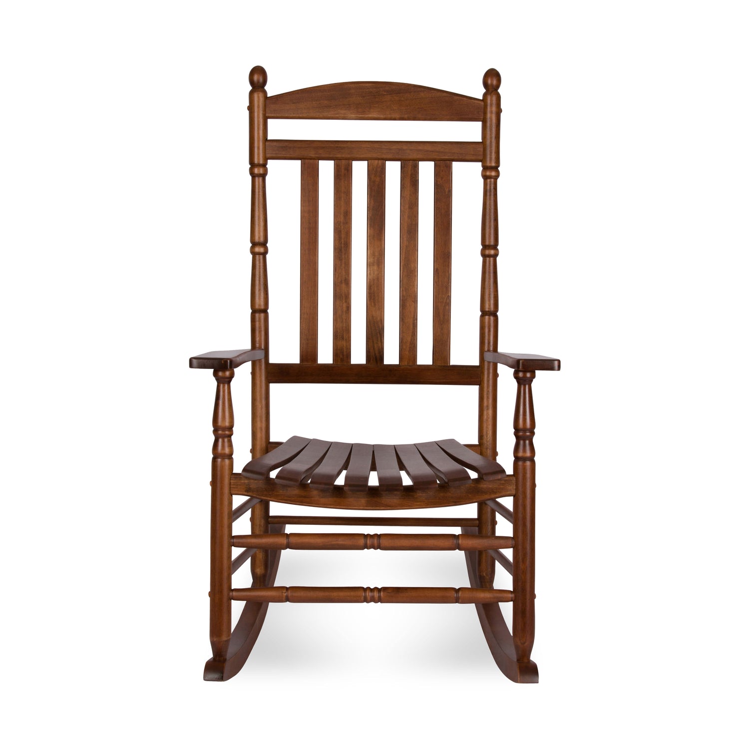 A classic wooden rocking chair with a warm brown finish, featuring a slatted backrest, armrests, and curved rocking legs, shown against a plain white background. 