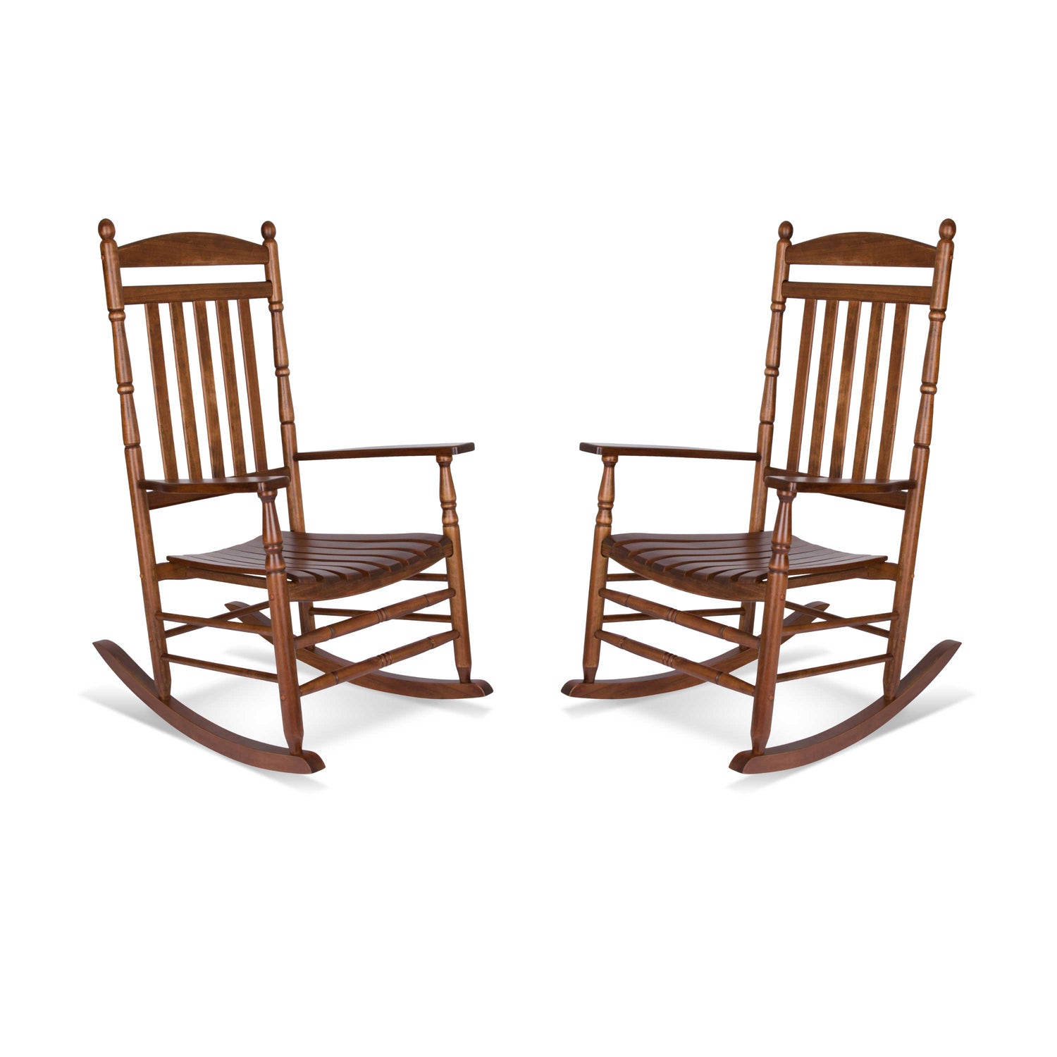 Two wooden rocking chairs with a warm brown finish, shown side by side on a plain white background. 