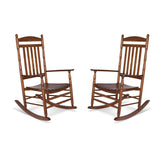 Two wooden rocking chairs with a warm brown finish, shown side by side on a plain white background. 