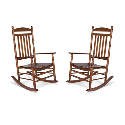 Two wooden rocking chairs with a warm brown finish, shown side by side on a plain white background. 