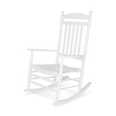 A white wooden rocking chair with a slatted backrest and seat, shown on a plain white background. 