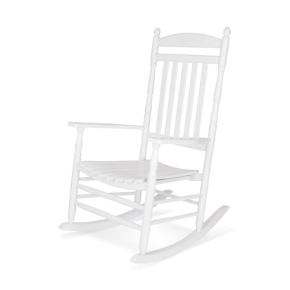 A white wooden rocking chair with a slatted backrest and seat, shown on a plain white background. 