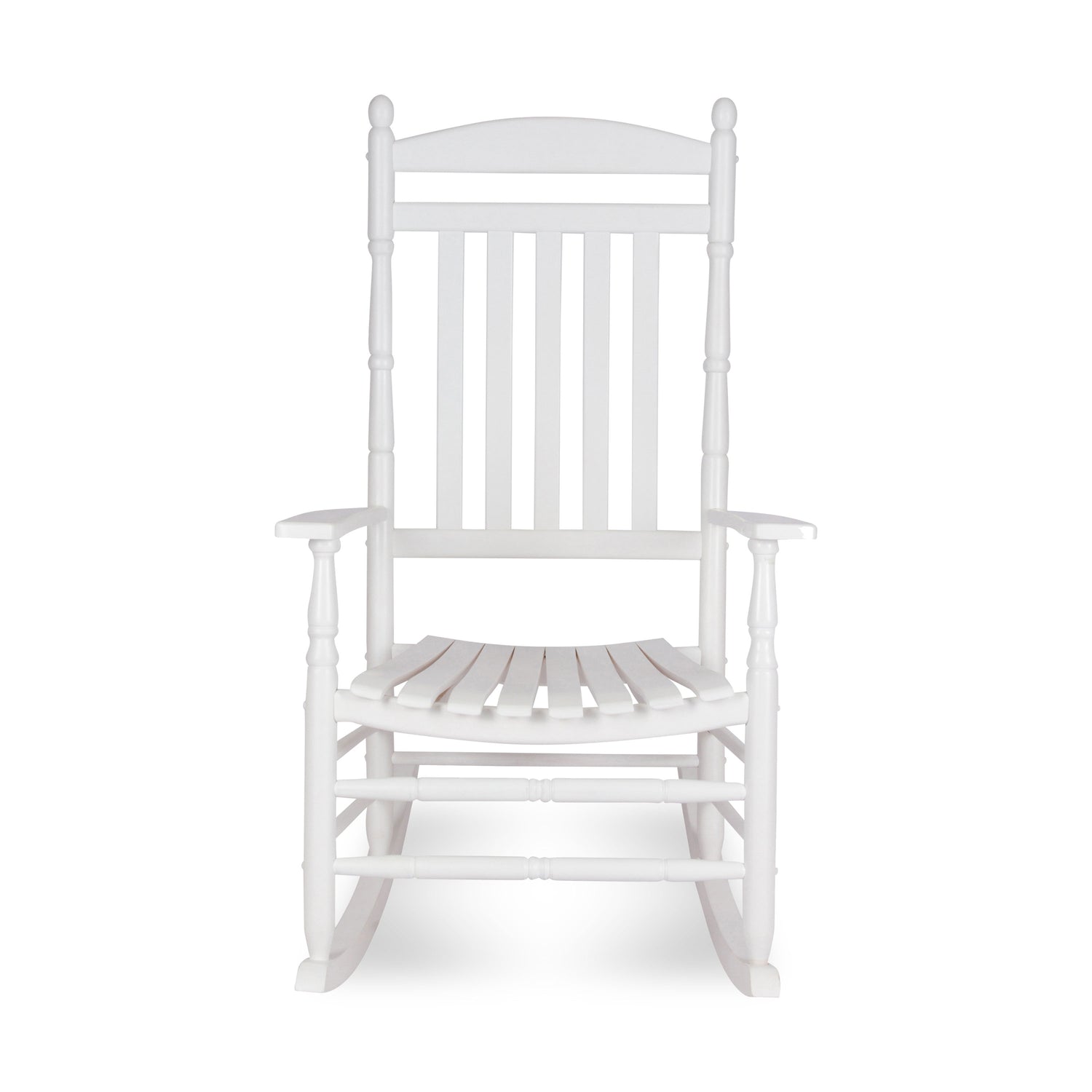 A white wooden rocking chair with a slatted back and seat, shown from the front against a plain white background. 
