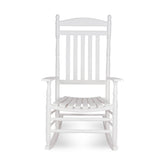 A white wooden rocking chair with a slatted back and seat, shown from the front against a plain white background. 