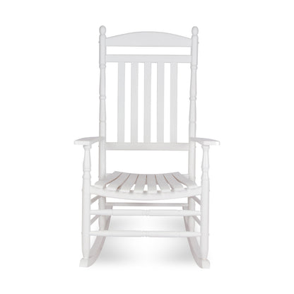 A white wooden rocking chair with a slatted back and seat, shown from the front against a plain white background. 