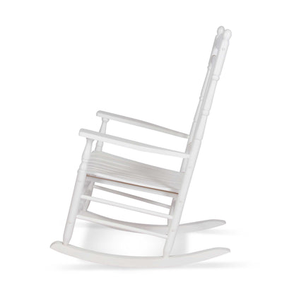A classic white wooden rocking chair shown from a three-quarters angle against a solid white background. 