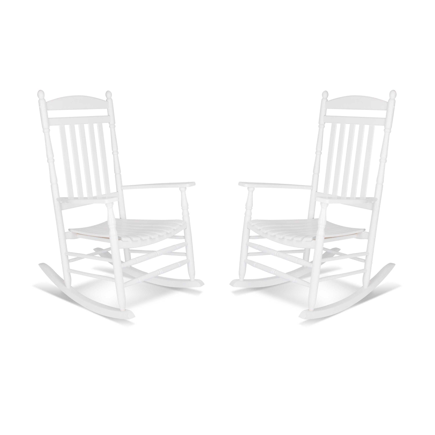 Two white wooden rocking chairs with cushioned seats, shown side by side on a plain white background. 