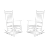 Two white wooden rocking chairs with cushioned seats, shown side by side on a plain white background. 
