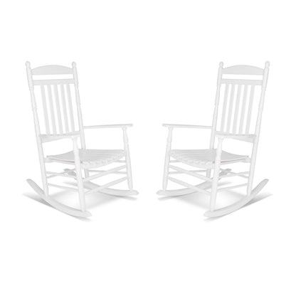Two white wooden rocking chairs with cushioned seats, shown side by side on a plain white background. 